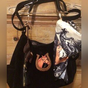 NEW! Upcycled Black FAUX Suede Horse Embroidered Bag